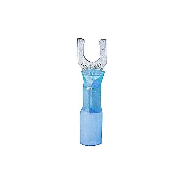 Fork Terminal, #8 Stud Size, 14 AWG, 600 V, Heat Shrink Insulated, Blue, 100 PK